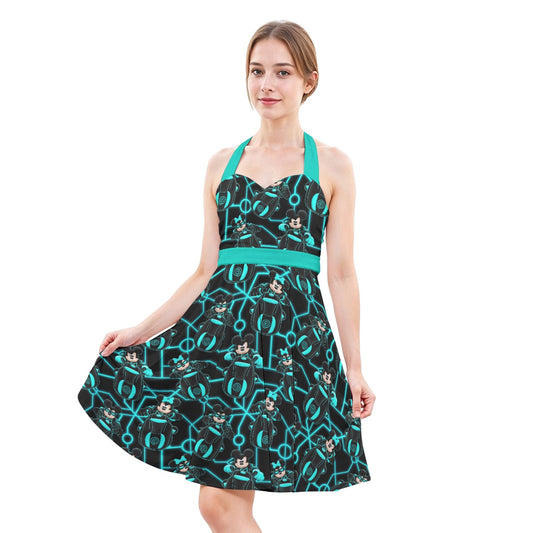 Electric Neon Grid Adventure - Women's Halter Vintage Pocket Dress