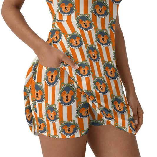 Pumpkin Cameo Stripes - Women’s Short Sleeve Athletic Skater Dress with Built-In Shorts