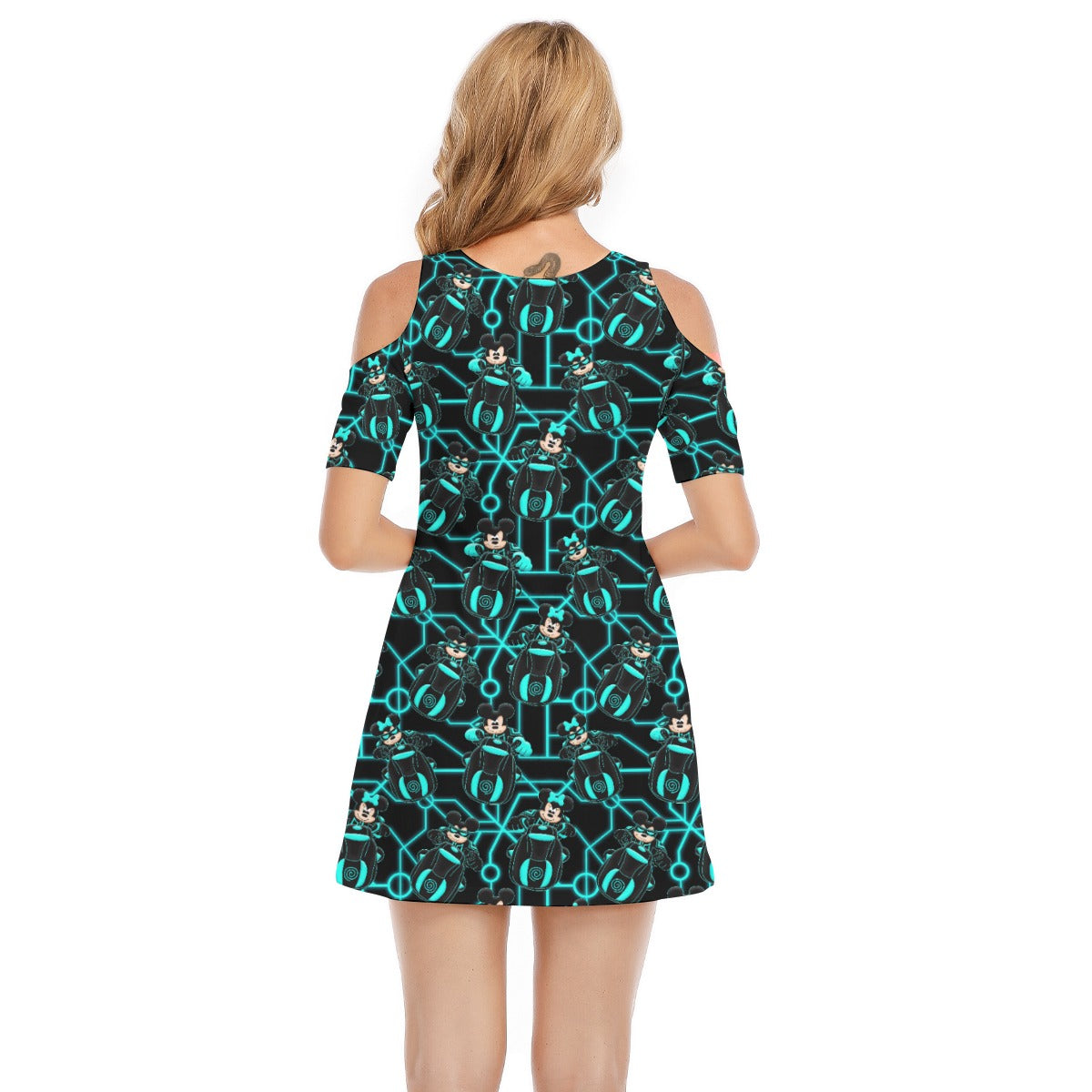 Electric Neon Grid Adventure - Women's Cold Shoulder Cotton Dress