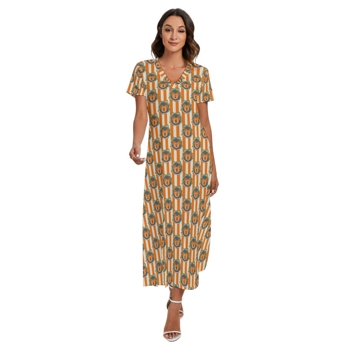 Pumpkin Cameo Stripes - Women's V-Neck Side Split Maxi Dress