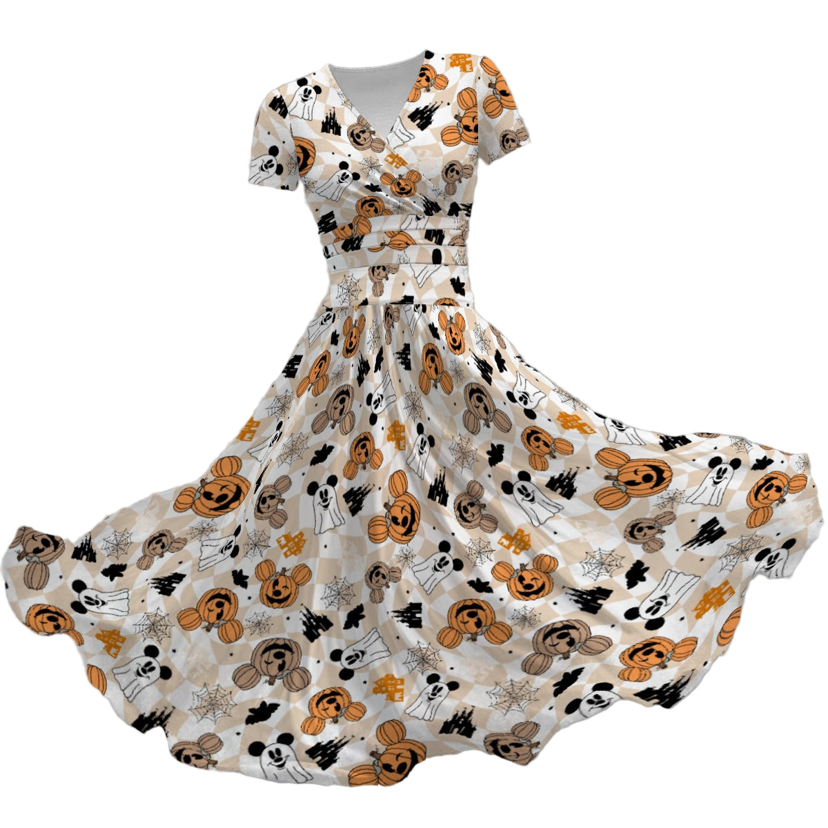 Checkered Halloween Ghosts & Pumpkins - Women's V-Neck Ruched Midi Dress