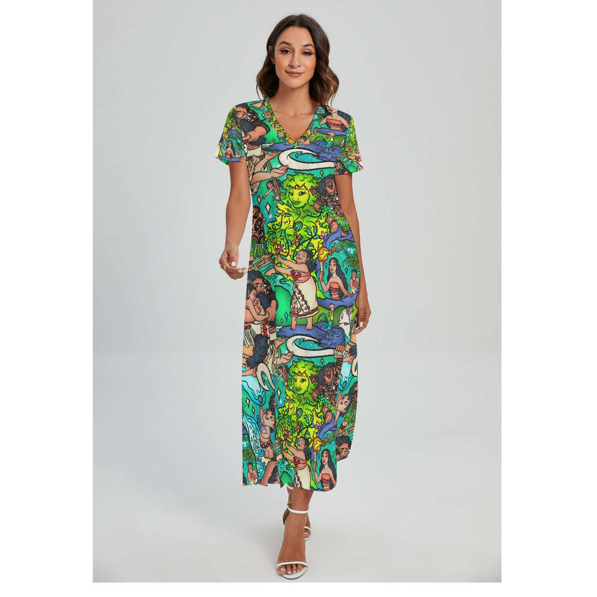 Ocean Voyager Storybook Scenes - Women's V-Neck Side Split Maxi Dress