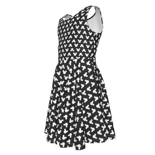 Playful Polka Dot Ears Black - Kid's Sleeveless Skater Dress
