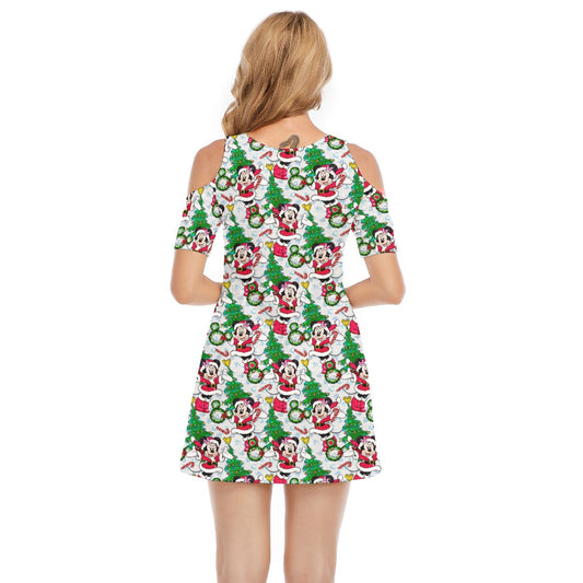 Santa Mouse with Sparkle - Women's Cold Shoulder Cotton Dress