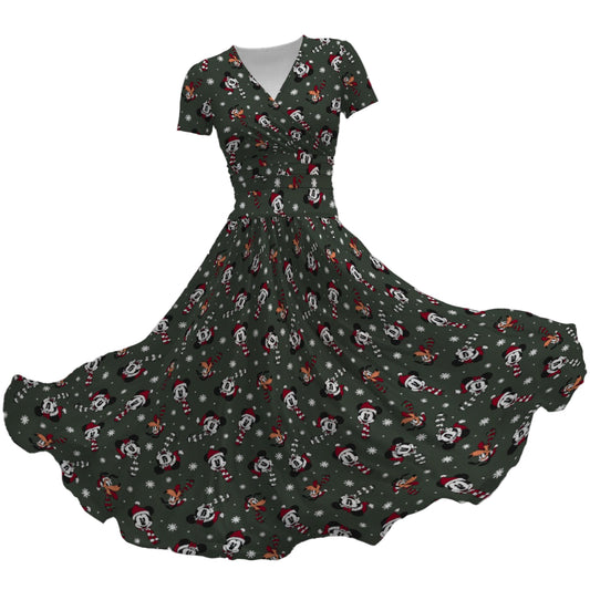Vintage Holiday Friends - Women's V-Neck Ruched Midi Dress