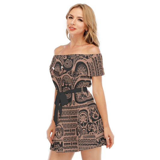 Polynesian Tattoo Motifs - Women's Off-shoulder Ruffle Dress