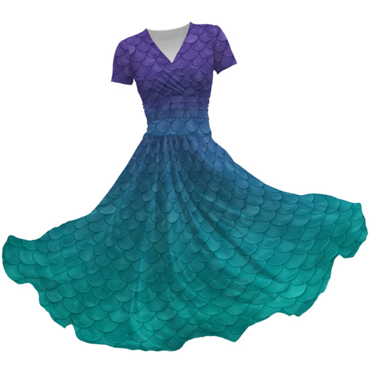 Dreamy Mermaid Scales - Women's V-Neck Ruched Midi Dress