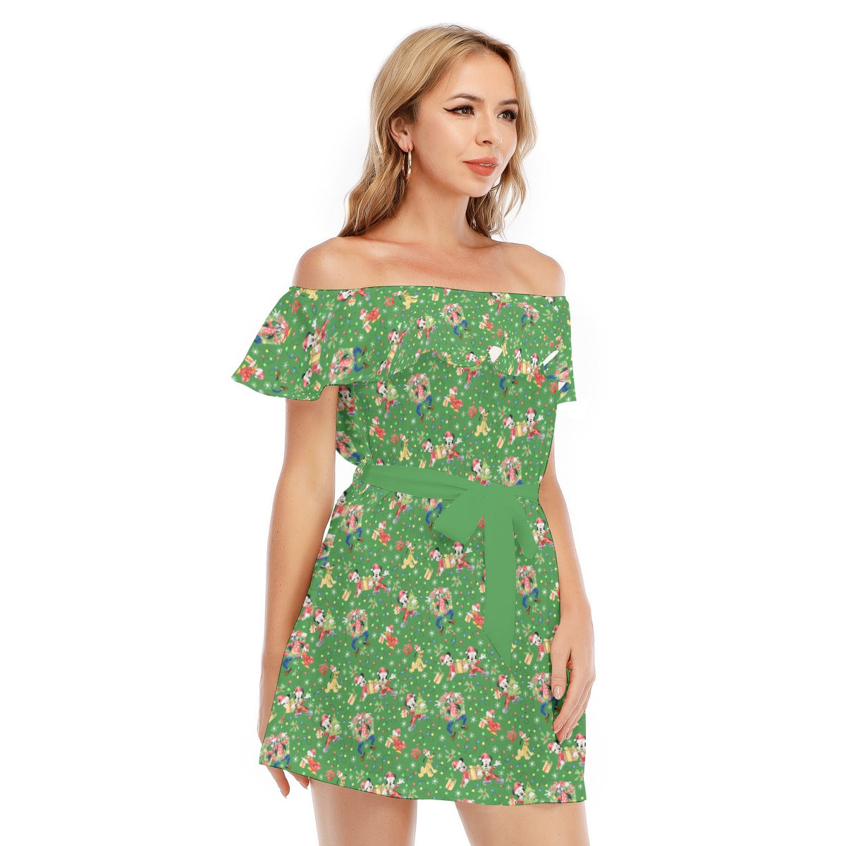Mouse & Friends Christmas Cheer - Women's Off-shoulder Ruffle Dress