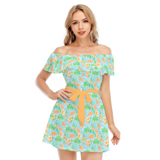 Neon Tangerine Island Pals - Women's Off-shoulder Ruffle Dress