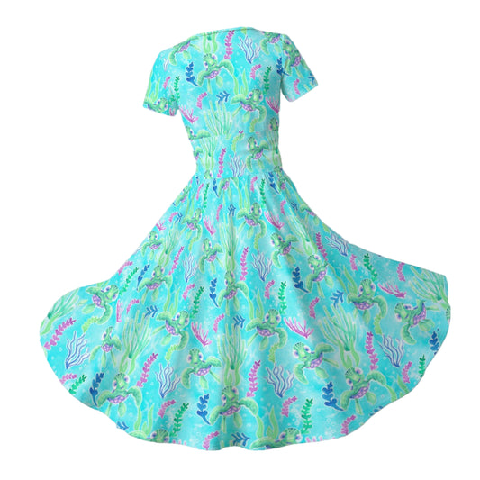 Neon Floral Baby Turtle - Women's V-Neck Ruched Midi Dress