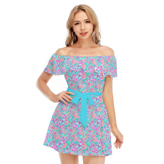 Tropical Bloom Fiesta - Playful Duo - Women's Off-shoulder Ruffle Dress