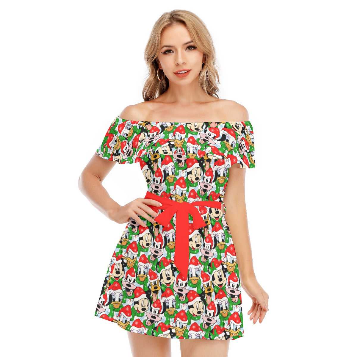 Mouse Friends in Santa Hats - Women's Off-shoulder Ruffle Dress