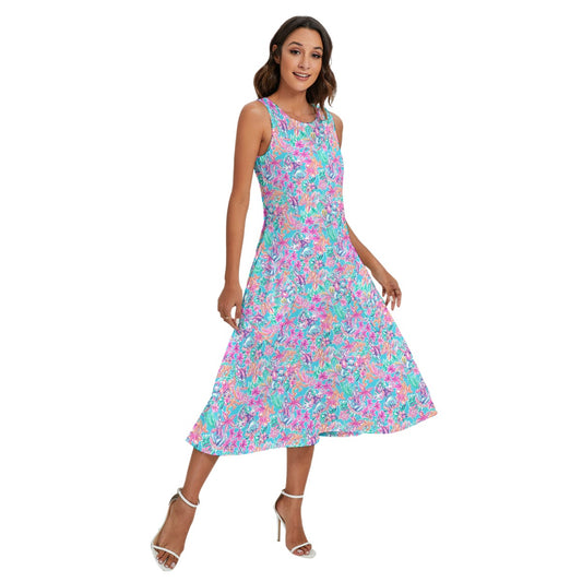 Bright Tropical Bloom - Goofy & Pluto - Women’s Diagonal Pocket Midi Dress