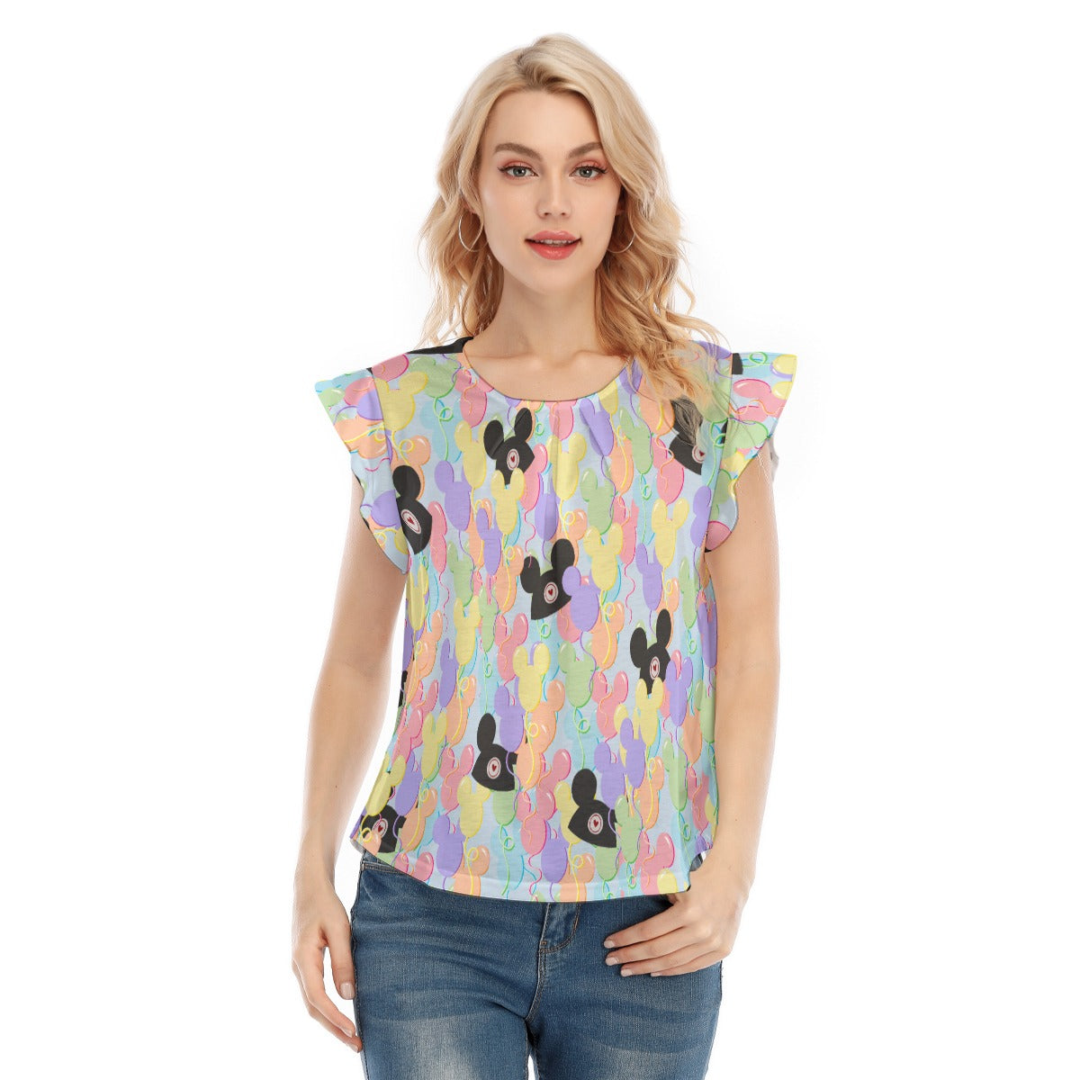 Pastel Mouse Ear Balloons - Women’s Flutter Sleeve Top
