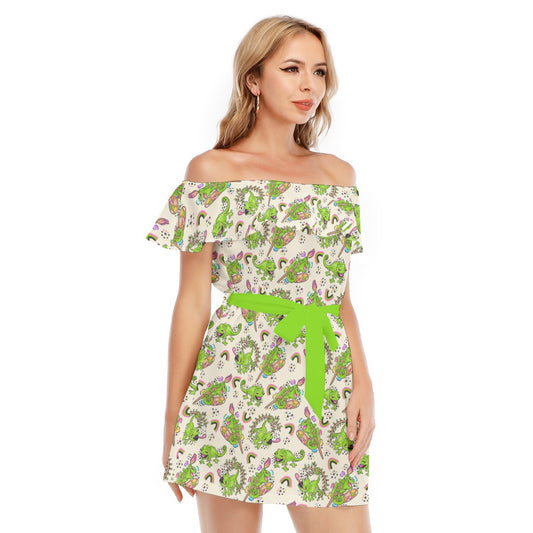 Colorful Chameleon Splash - Women's Off-shoulder Ruffle Dress