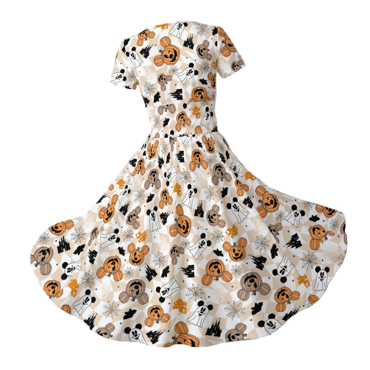 Checkered Halloween Ghosts & Pumpkins - Women's V-Neck Ruched Midi Dress