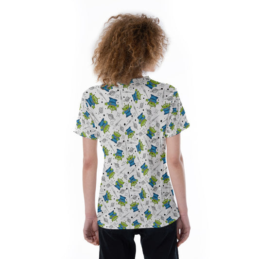 Playful Green Aliens on White - Women's Short Sleeve V-Neck T-Shirt