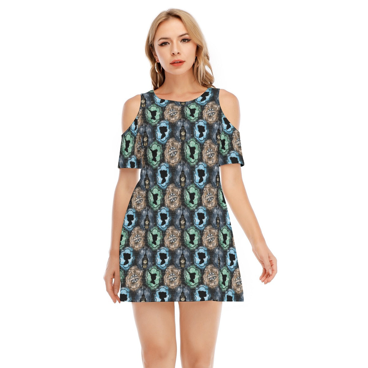 Starry Flight Silhouettesttes - Women's Cold Shoulder Cotton Dress