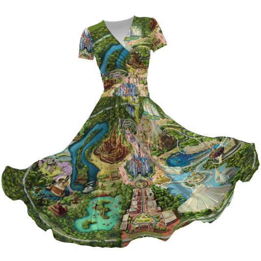 Colorful Theme Park Map - Women's V-Neck Ruched Midi Dress