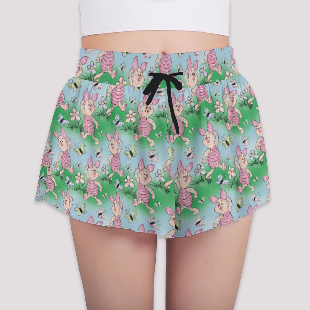 Sketched Shy Friend and Butterflies - Girls’ Flowy Pocket Shorts