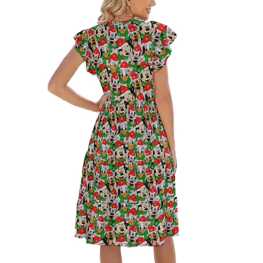 Mouse Friends in Santa Hats - Women's Tiered Pocket Midi Dress