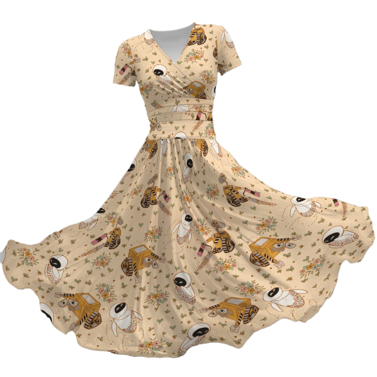 Botanical Robot Love Story - Women's V-Neck Ruched Midi Dress