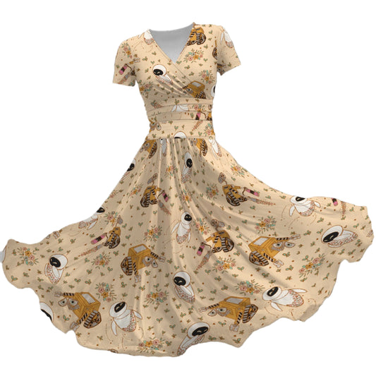 Botanical Robot Love Story - Women's V-Neck Ruched Midi Dress