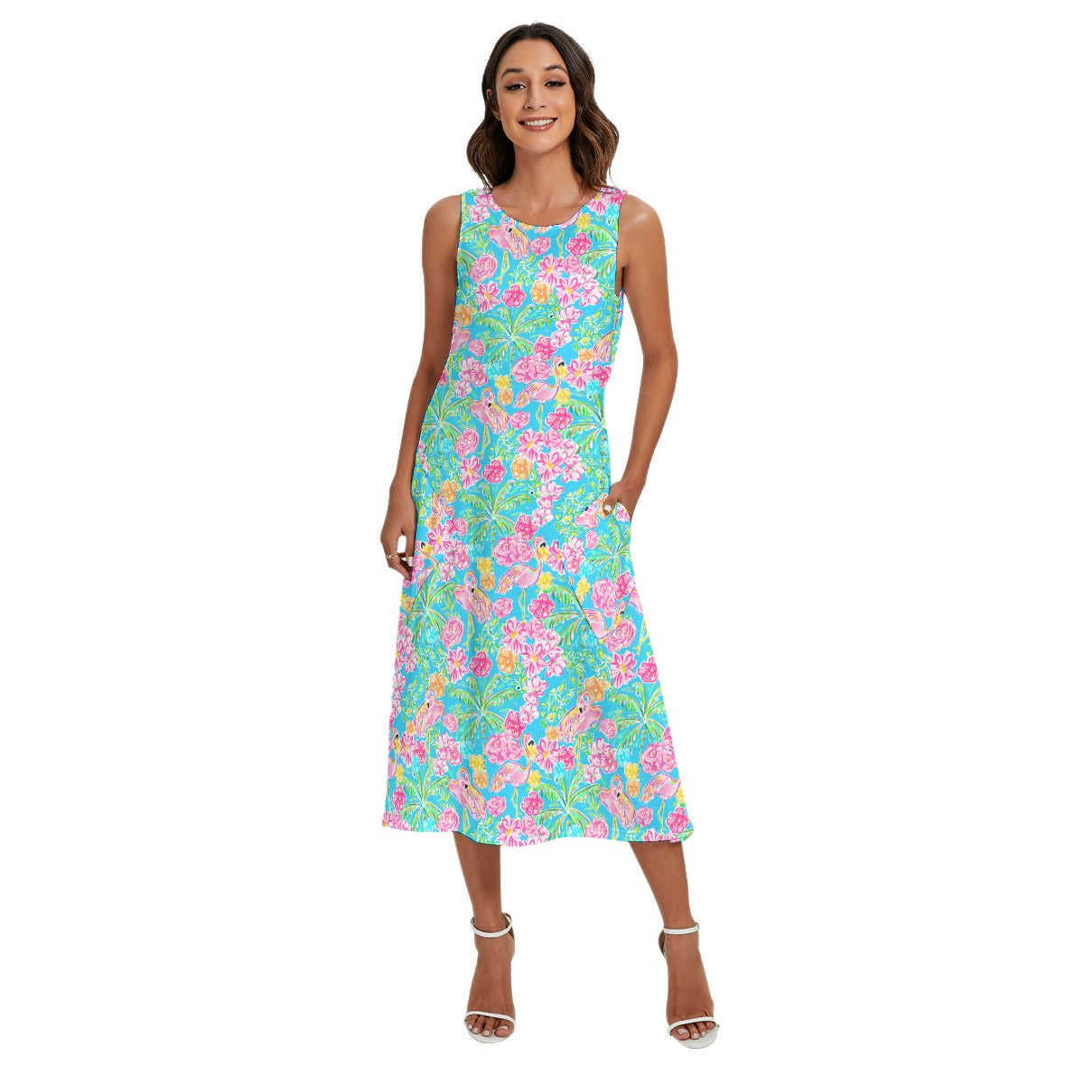 Flamingo Fiesta - Women’s Diagonal Pocket Midi Dress
