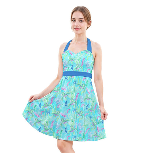 Neon Floral Baby Turtle - Women's Halter Vintage Pocket Dress