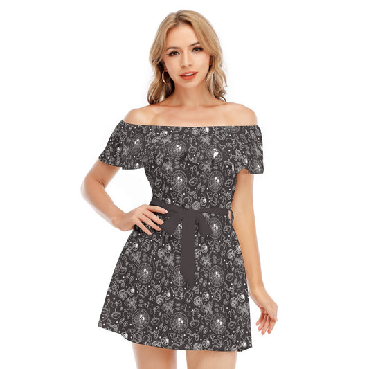 Monochrome Theme Park Icons - Women's Off-shoulder Ruffle Dress
