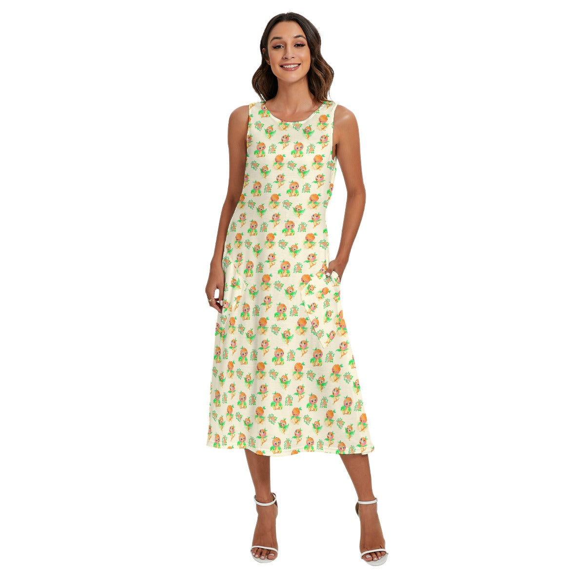 Citrus Charm Bird - Women’s Diagonal Pocket Midi Dress