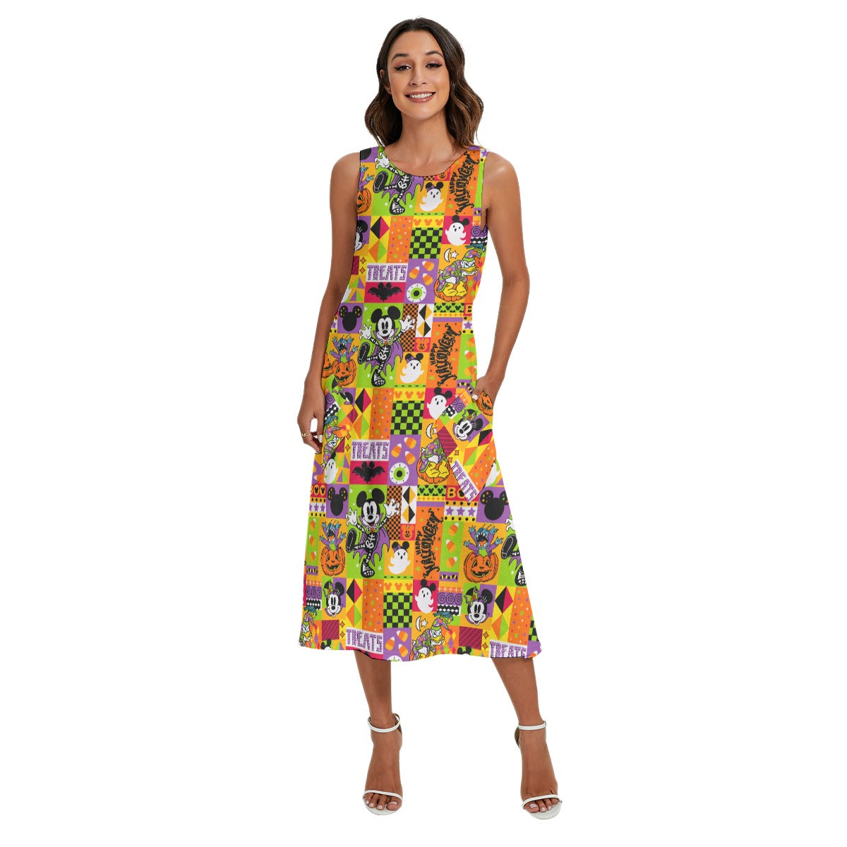 Spooky Patchwork Treats - Women’s Diagonal Pocket Midi Dress