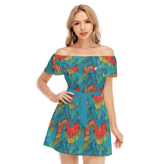 Animal Print - Macaw Parrot - Women's Off-shoulder Ruffle Dress