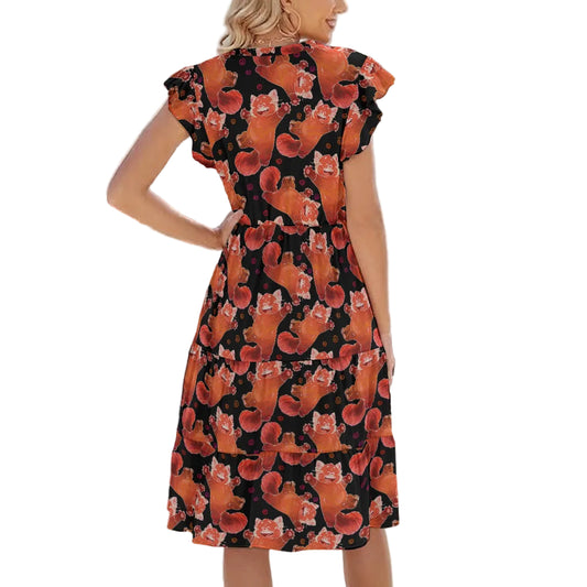 Scribbly Red Panda - Women's Tiered Pocket Midi Dress