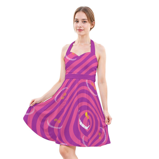 Whimsical Grinning Stripes - Women's Halter Vintage Pocket Dress