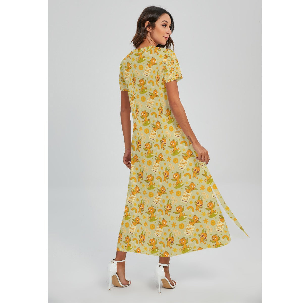 Vintage Citrus Garden - Women's V-Neck Side Split Maxi Dress