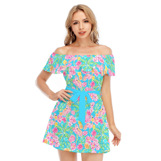 Flamingo Fiesta - Women's Off-shoulder Ruffle Dress
