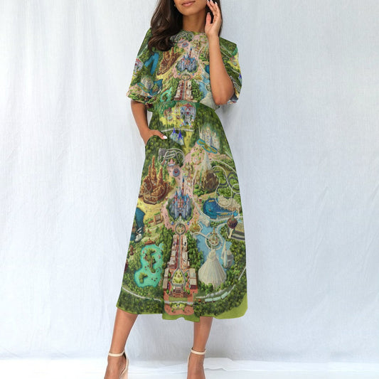 Colorful Theme Park Map - Women’s Elastic Waist Pocket Midi Dress
