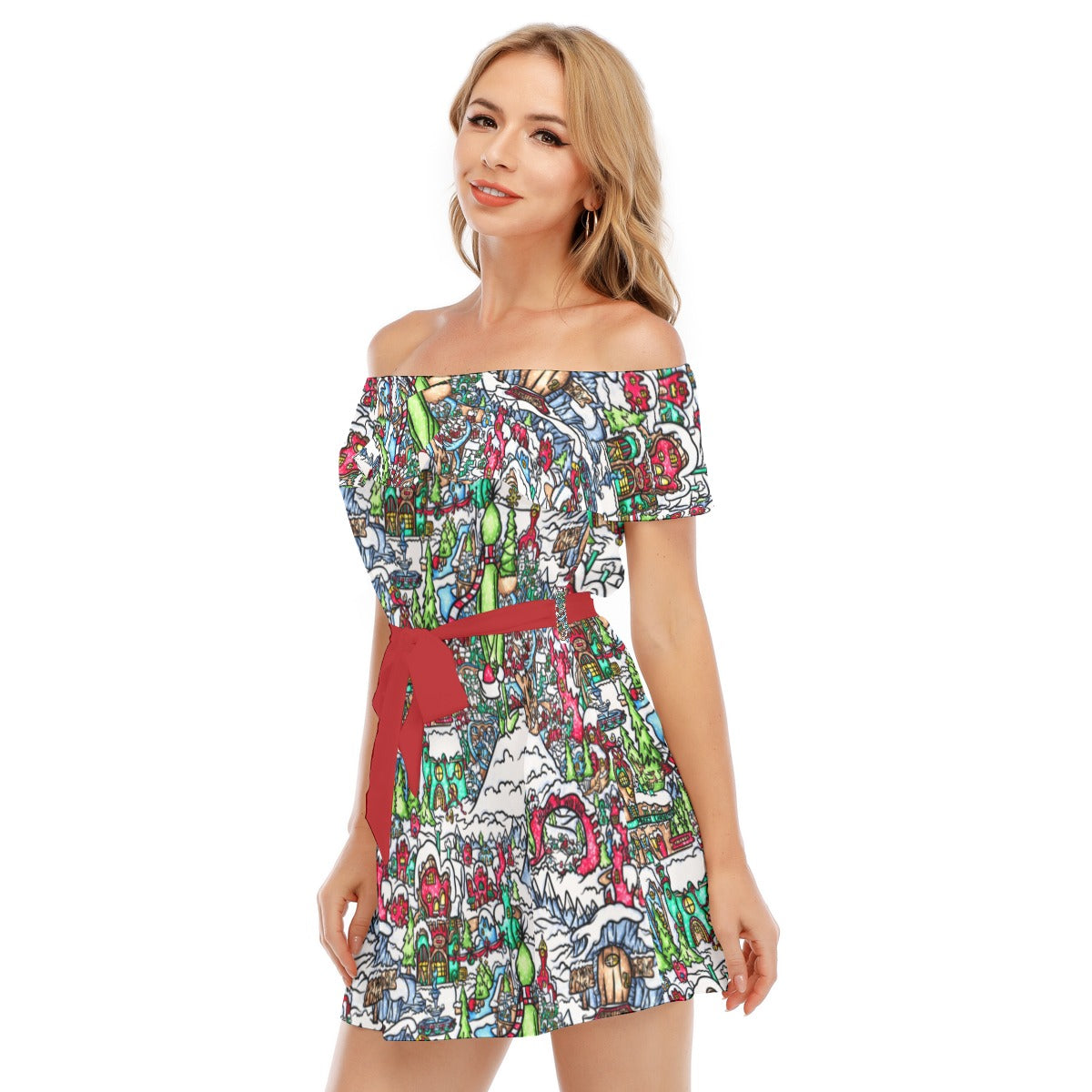 Whimsical Village Winter Wonderland - Women's Off-shoulder Ruffle Dress