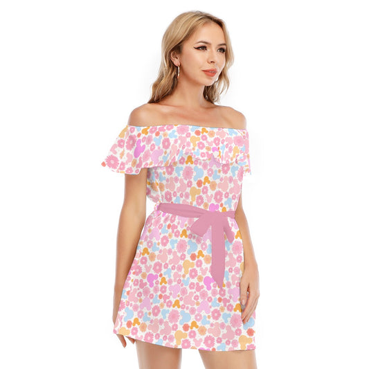 Retro Floral Mouse - Women's Off-shoulder Ruffle Dress
