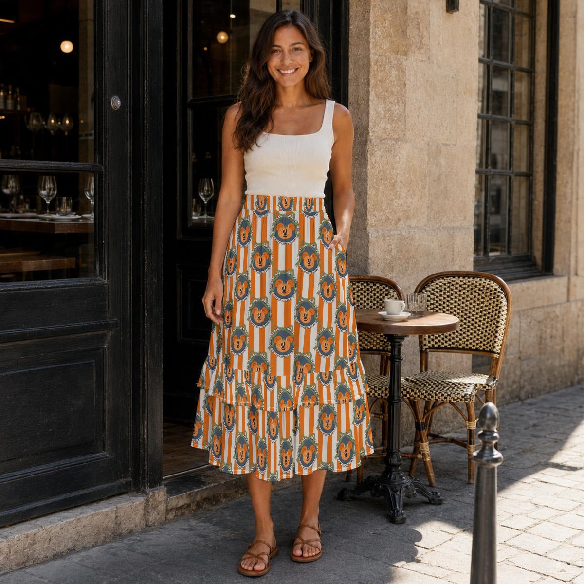 Pumpkin Cameo Stripes - Women’s Boho Ruffle Midi Skirt with Pockets