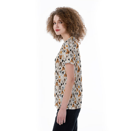 Checkered Halloween Ghosts & Pumpkinskins - Women's Short Sleeve V-Neck T-Shirt