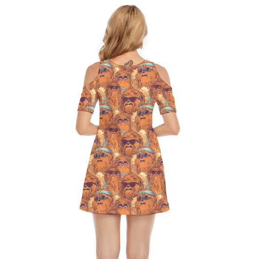 Retro Furry Friend Summer Vibes - Women's Cold Shoulder Cotton Dress