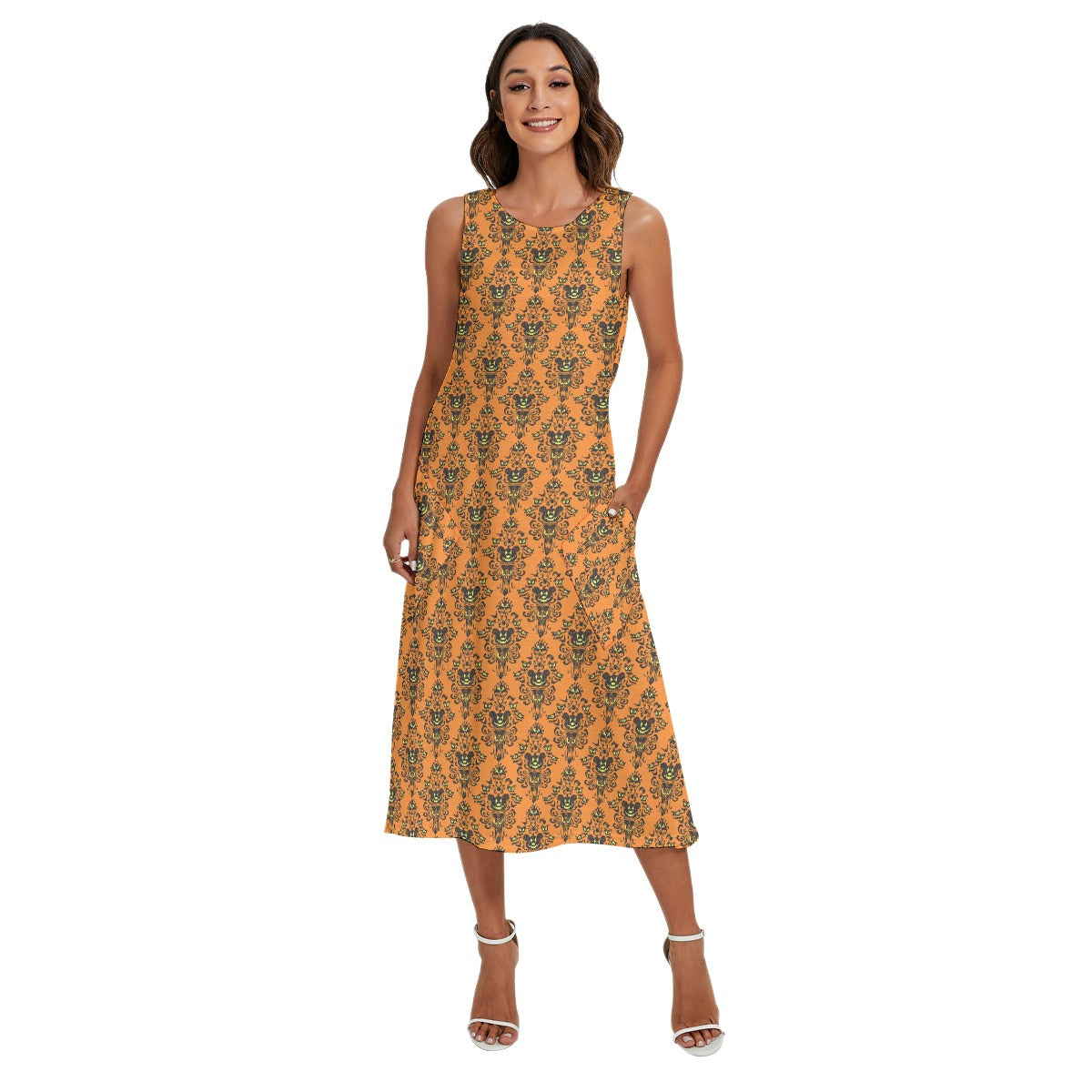 Haunted Halloween Mansion Wallpaper - Women’s Diagonal Pocket Midi Dress