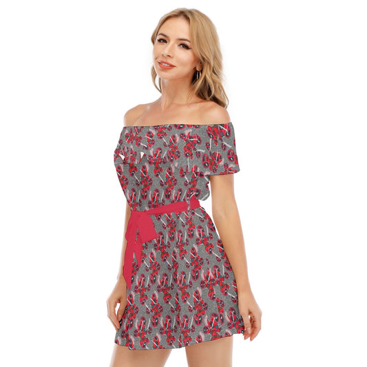 Superhero Stitch - Red Masked Hero - Women's Off-shoulder Ruffle Dress