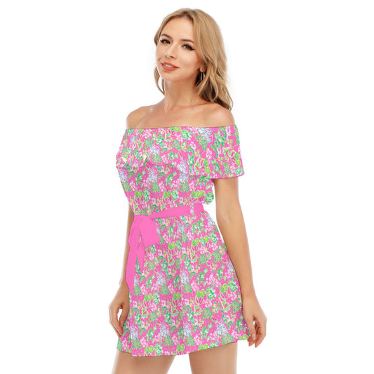 Bright Tropical Vibes - Watermelon Mouse Duo - Women's Off-shoulder Ruffle Dress