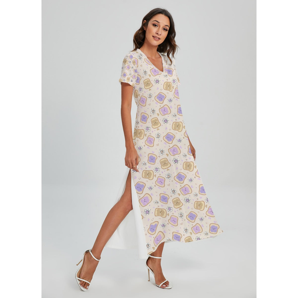 Kawaii Peanut Butter and Jelly Sandwiches - Women's V-Neck Side Split Maxi Dress
