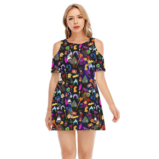 Villainous Icons Collage - Women's Cold Shoulder Cotton Dress
