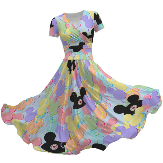 Pastel Mouse Ear Balloons - Women's V-Neck Ruched Midi Dress