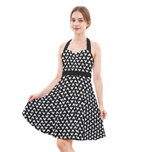 Playful Polka Dot Ears Black - Women's Halter Vintage Pocket Dress